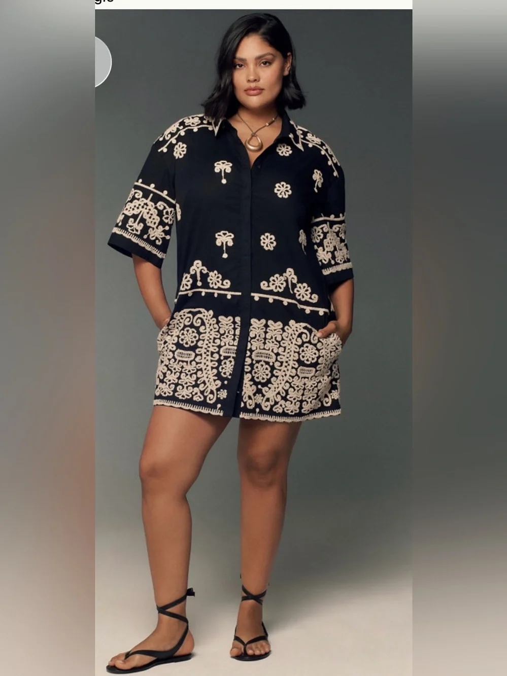 Anthropologie Maeve Black Mini Shirt Dress with Cream Embroidery - Picture 2 of 10
